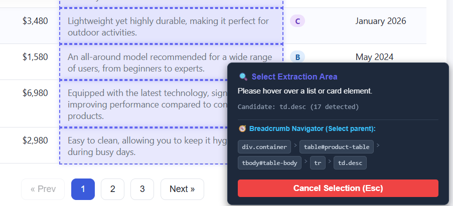 Visual Selector — Select extraction scope directly on Web Page